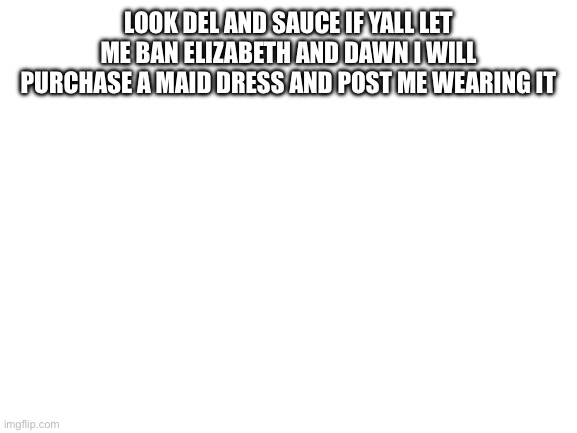 on god | LOOK DEL AND SAUCE IF YALL LET ME BAN ELIZABETH AND DAWN I WILL PURCHASE A MAID DRESS AND POST ME WEARING IT | image tagged in blank white template | made w/ Imgflip meme maker