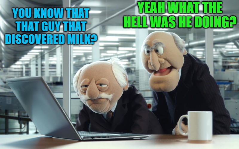 YEAH WHAT THE HELL WAS HE DOING? YOU KNOW THAT THAT GUY THAT DISCOVERED MILK? | image tagged in muppets | made w/ Imgflip meme maker