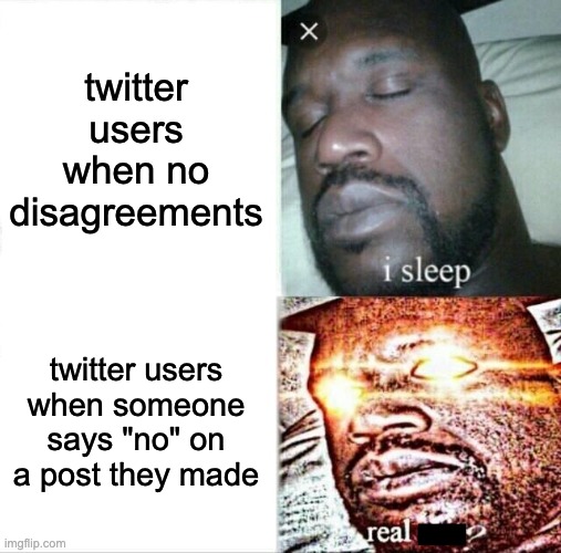 Sleeping Shaq | twitter users when no disagreements; twitter users when someone says "no" on a post they made | image tagged in memes,sleeping shaq | made w/ Imgflip meme maker