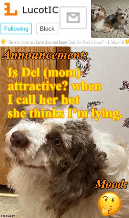 . | Is Del (mom) attractive? when I call her hot she thinks I’m lying. 🤔 | image tagged in lucotic s fangz announcement temp thanks strike | made w/ Imgflip meme maker