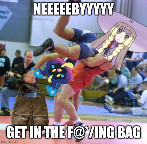 Nebby get in the bag! | NEEEEEBYYYYY; GET IN THE F@*/ING BAG | image tagged in nebby get in the bag | made w/ Imgflip meme maker