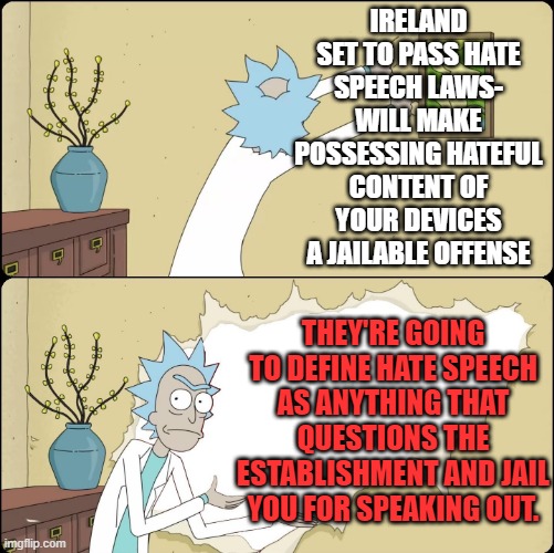 What's that? You don't like where the government spends your taxes? Obviously you hate Disabled Gay Muslim Furry Eskimos! | IRELAND SET TO PASS HATE SPEECH LAWS-
WILL MAKE POSSESSING HATEFUL CONTENT OF YOUR DEVICES A JAILABLE OFFENSE; THEY'RE GOING TO DEFINE HATE SPEECH AS ANYTHING THAT QUESTIONS THE ESTABLISHMENT AND JAIL YOU FOR SPEAKING OUT. | image tagged in rick rips wallpaper,hate speech,censorship,jail,ireland,scumbag government | made w/ Imgflip meme maker