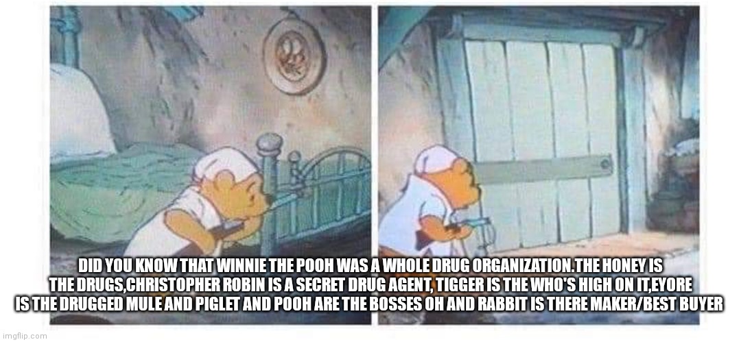 Winnie the Pooh is a drug oriented show | DID YOU KNOW THAT WINNIE THE POOH WAS A WHOLE DRUG ORGANIZATION.THE HONEY IS THE DRUGS,CHRISTOPHER ROBIN IS A SECRET DRUG AGENT, TIGGER IS THE WHO'S HIGH ON IT,EYORE IS THE DRUGGED MULE AND PIGLET AND POOH ARE THE BOSSES OH AND RABBIT IS THERE MAKER/BEST BUYER | image tagged in funny memes,winnie the pooh,drugs | made w/ Imgflip meme maker