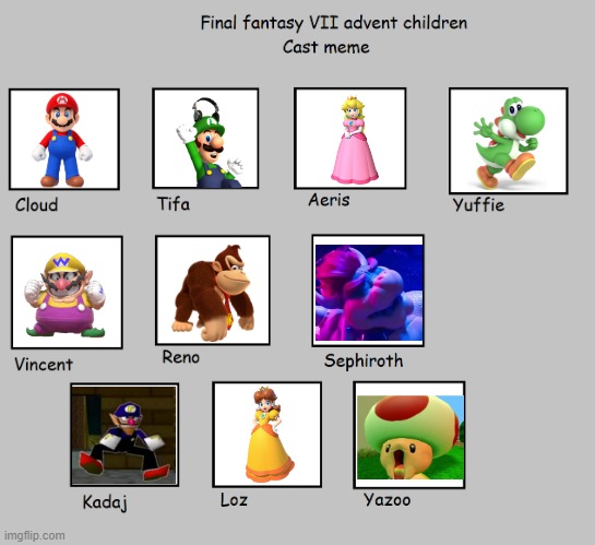 mario party advent children | image tagged in final fantasy vii advent children cast,mario,mario party,final fantasy 7,nintendo | made w/ Imgflip meme maker