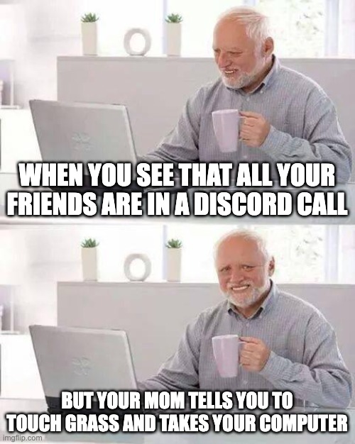 Saddness | WHEN YOU SEE THAT ALL YOUR FRIENDS ARE IN A DISCORD CALL; BUT YOUR MOM TELLS YOU TO TOUCH GRASS AND TAKES YOUR COMPUTER | image tagged in memes,hide the pain harold | made w/ Imgflip meme maker