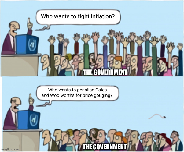 Who wants change | Who wants to fight inflation? THE GOVERNMENT; Who wants to penalise Coles and Woolworths for price gouging? THE GOVERNMENT | image tagged in who wants change | made w/ Imgflip meme maker