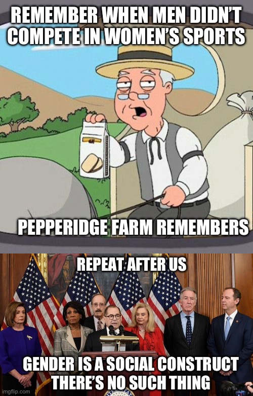 I remember | REMEMBER WHEN MEN DIDN’T COMPETE IN WOMEN’S SPORTS; PEPPERIDGE FARM REMEMBERS; REPEAT AFTER US; GENDER IS A SOCIAL CONSTRUCT
THERE’S NO SUCH THING | image tagged in memes,pepperidge farm remembers,house democrats | made w/ Imgflip meme maker