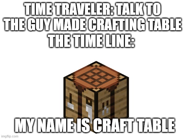 Craft Table Smith Table Fletch Table Cartograph Table | TIME TRAVELER: TALK TO THE GUY MADE CRAFTING TABLE; THE TIME LINE:; MY NAME IS CRAFT TABLE | made w/ Imgflip meme maker