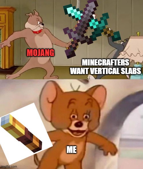 Why is There sooo many Memes about Vertical-Slab-Adding? | MOJANG; MINECRAFTERS WANT VERTICAL SLABS; ME | image tagged in tom and spike fighting | made w/ Imgflip meme maker