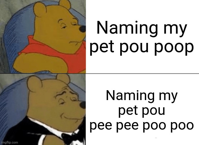 When u name ur pet pou | Naming my pet pou poop; Naming my pet pou pee pee poo poo | image tagged in memes,tuxedo winnie the pooh | made w/ Imgflip meme maker