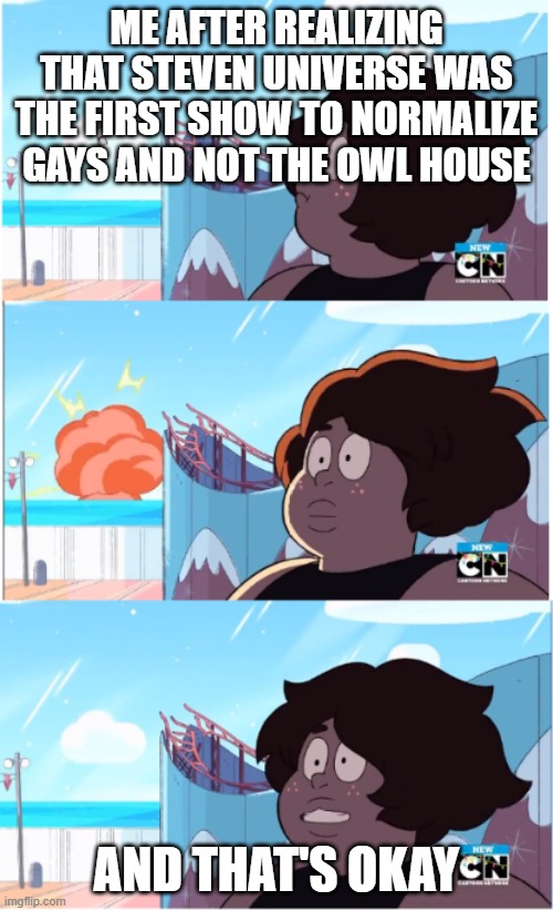 Why did I re-watch this show? | ME AFTER REALIZING THAT STEVEN UNIVERSE WAS THE FIRST SHOW TO NORMALIZE GAYS AND NOT THE OWL HOUSE; AND THAT'S OKAY | image tagged in steven universe future smocky quartz | made w/ Imgflip meme maker