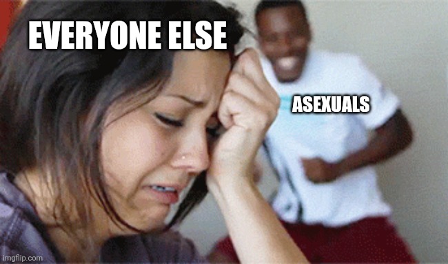 girl crying guy happy | EVERYONE ELSE ASEXUALS | image tagged in girl crying guy happy | made w/ Imgflip meme maker