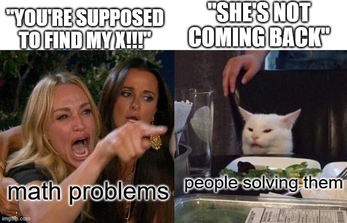 Woman Yelling At Cat Meme | "SHE'S NOT COMING BACK"; "YOU'RE SUPPOSED TO FIND MY X!!!"; people solving them; math problems | image tagged in memes,woman yelling at cat | made w/ Imgflip meme maker