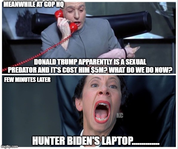 Let the triggering begin | MEANWHILE AT GOP HQ; DONALD TRUMP APPARENTLY IS A SEXUAL PREDATOR AND IT'S COST HIM $5M? WHAT DO WE DO NOW? FEW MINUTES LATER; KC; HUNTER BIDEN'S LAPTOP.............. | image tagged in dr evil and frau yelling,donald trump | made w/ Imgflip meme maker