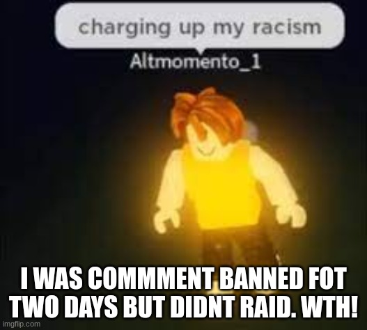 bruh it was a joke | I WAS COMMMENT BANNED FOT TWO DAYS BUT DIDNT RAID. WTH! | image tagged in racist | made w/ Imgflip meme maker
