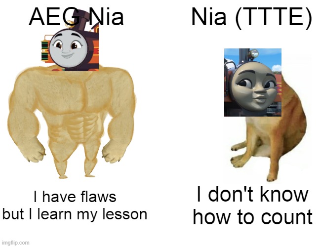 Only Thomas Fans will get this | AEG Nia; Nia (TTTE); I have flaws but I learn my lesson; I don't know how to count | image tagged in memes,buff doge vs cheems | made w/ Imgflip meme maker