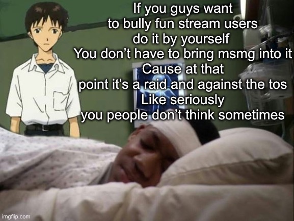 dont do it shinji | If you guys want to bully fun stream users do it by yourself 
You don’t have to bring msmg into it
Cause at that point it’s a raid and against the tos
Like seriously you people don’t think sometimes | image tagged in dont do it shinji | made w/ Imgflip meme maker