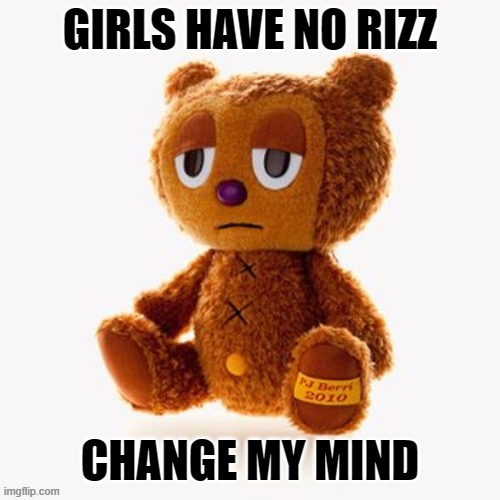 Pj plush | GIRLS HAVE NO RIZZ; CHANGE MY MIND | image tagged in pj plush | made w/ Imgflip meme maker