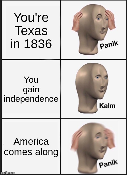 weeez | You're Texas in 1836; You gain independence; America comes along | image tagged in memes,panik kalm panik | made w/ Imgflip meme maker