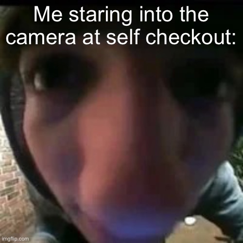 Fun | Me staring into the camera at self checkout: | image tagged in yes,funny,funny memes,lol so funny,lolol,too funny | made w/ Imgflip meme maker