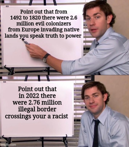 Immigration Cognitive Dissonance | Point out that from 1492 to 1820 there were 2.6 million evil colonizers from Europe invading native lands you speak truth to power; Point out that in 2022 there were 2.76 million illegal border crossings your a racist | image tagged in jim halpert explains,immigration,illegal immigration,joe biden,donald trump,border | made w/ Imgflip meme maker