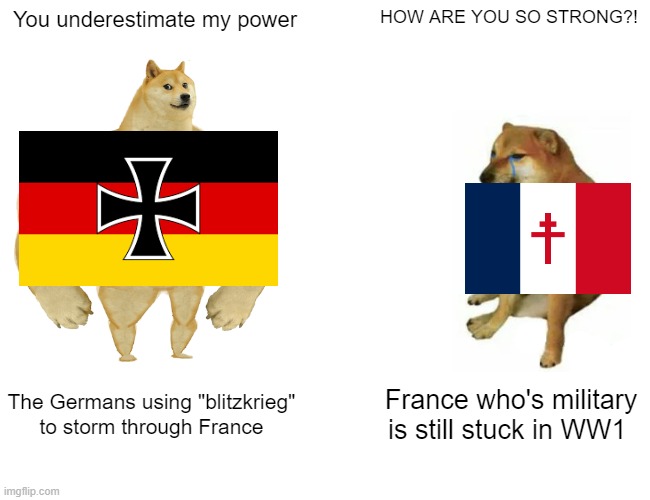 WW2 Blitzkrieg in a Nutshell | You underestimate my power; HOW ARE YOU SO STRONG?! The Germans using "blitzkrieg" to storm through France; France who's military is still stuck in WW1 | image tagged in memes,buff doge vs cheems,ww2,hans | made w/ Imgflip meme maker