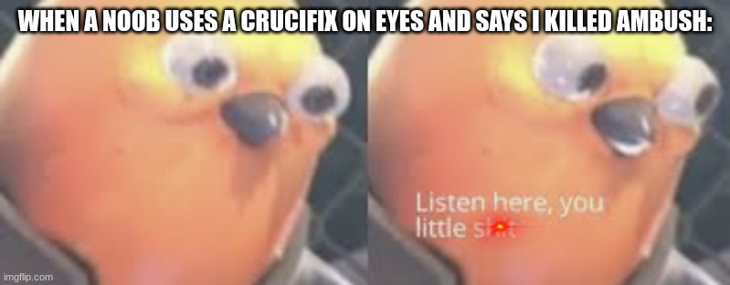 You have seen this before right? | WHEN A NOOB USES A CRUCIFIX ON EYES AND SAYS I KILLED AMBUSH: | image tagged in listen here you little shit bird | made w/ Imgflip meme maker