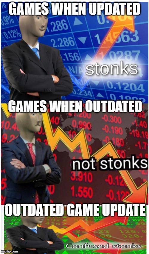 Stonks not stonks confused stonks | GAMES WHEN UPDATED; GAMES WHEN OUTDATED; OUTDATED GAME UPDATE | image tagged in stonks not stonks confused stonks,gaming,oh wow are you actually reading these tags,the most interesting man in the world | made w/ Imgflip meme maker