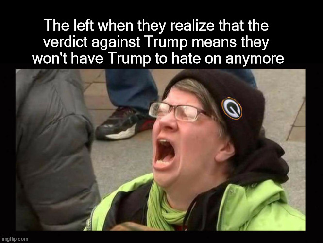 the verdict against Trump | The left when they realize that the 
verdict against Trump means they 
won't have Trump to hate on anymore | image tagged in trump verdict,trump haters,leftists | made w/ Imgflip meme maker