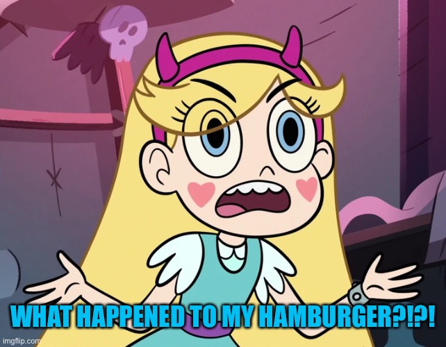 Star Butterfly | WHAT HAPPENED TO MY HAMBURGER?!?! | image tagged in star butterfly | made w/ Imgflip meme maker