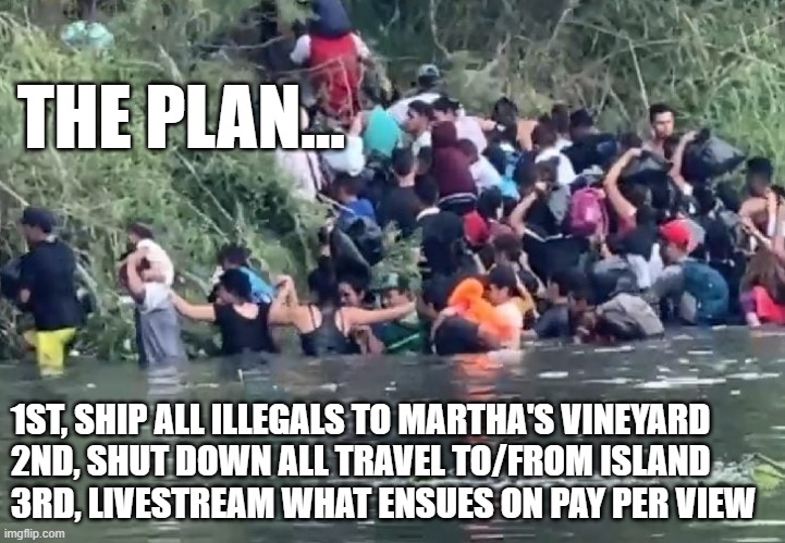 THE PLAN... 1ST, SHIP ALL ILLEGALS TO MARTHA'S VINEYARD
2ND, SHUT DOWN ALL TRAVEL TO/FROM ISLAND
3RD, LIVESTREAM WHAT ENSUES ON PAY PER VIEW | image tagged in pay per view,mexico,martha's vineyard,illegal immigration | made w/ Imgflip meme maker