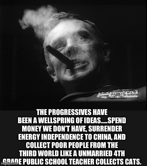 General Ripper (Dr. Strangelove) | THE PROGRESSIVES HAVE BEEN A WELLSPRING OF IDEAS…..SPEND MONEY WE DON’T HAVE, SURRENDER ENERGY INDEPENDENCE TO CHINA, AND COLLECT POOR PEOPL | image tagged in general ripper dr strangelove | made w/ Imgflip meme maker