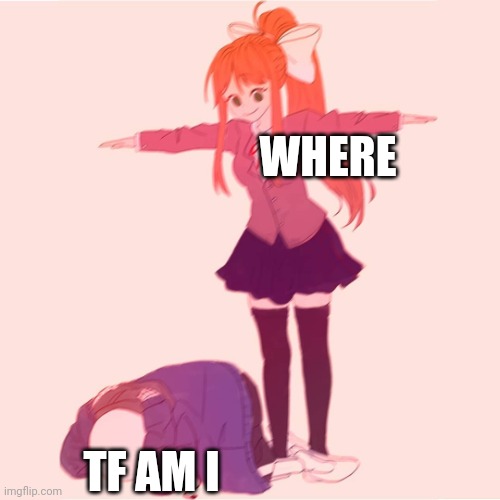 Explain what this is now | WHERE; TF AM I | image tagged in monika t-posing on sans,help me,redstonetemie announcement temp,what is this place,aaaaaaaaaaaaaaaaaaaaaaaaaaa | made w/ Imgflip meme maker