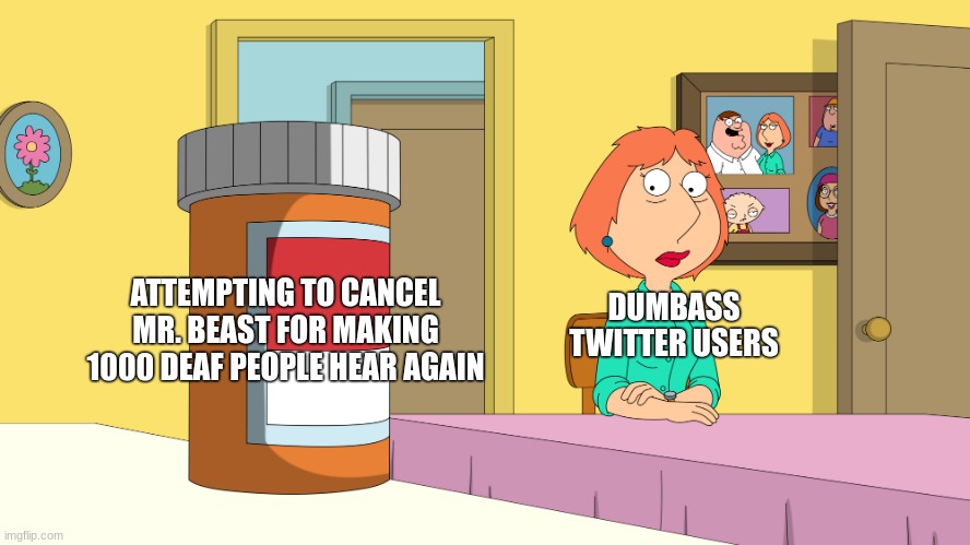 b*tches be like: | ATTEMPTING TO CANCEL MR. BEAST FOR MAKING 1000 DEAF PEOPLE HEAR AGAIN; DUMBASS TWITTER USERS | image tagged in lois drugs,mr beast,twitter,family guy,don't do drugs | made w/ Imgflip meme maker