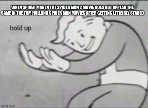 I don't see the logic | WHEN SPIDER MAN IN THE SPIDER MAN 2 MOVIE DOES NOT APPEAR THE SAME IN THE TOM HOLLAND SPIDER MAN MOVIES AFTER GETTING LITTEIRLY STABED | image tagged in fallout hold up | made w/ Imgflip meme maker