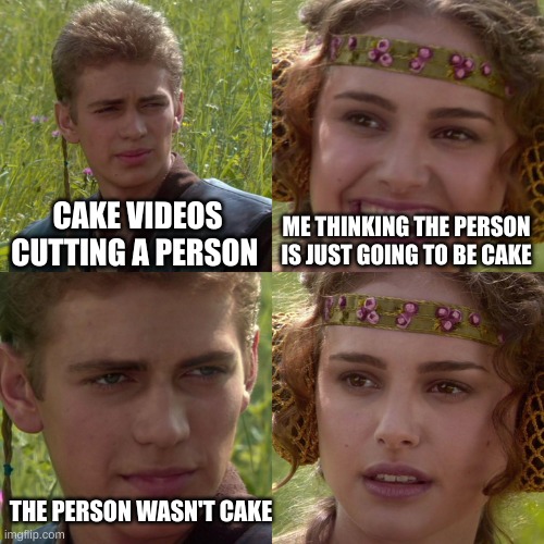 Anakin Padme 4 Panel | CAKE VIDEOS CUTTING A PERSON; ME THINKING THE PERSON IS JUST GOING TO BE CAKE; THE PERSON WASN'T CAKE | image tagged in anakin padme 4 panel | made w/ Imgflip meme maker