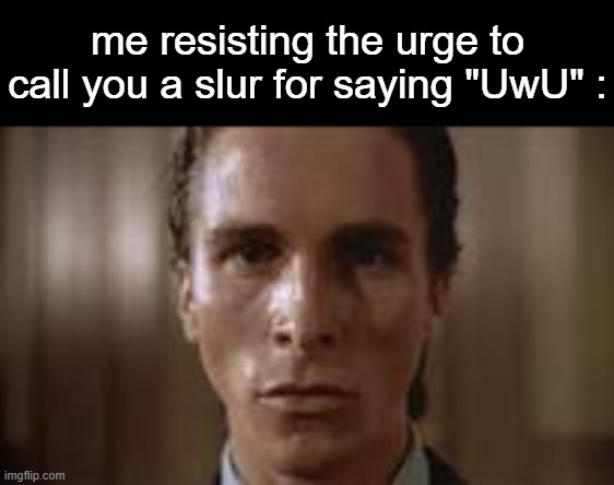 Patrick Bateman staring | me resisting the urge to call you a slur for saying "UwU" : | image tagged in patrick bateman staring | made w/ Imgflip meme maker