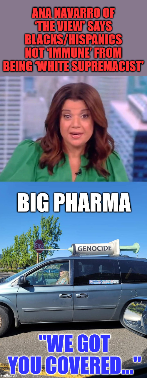 Big Pharma... There's a vaccine for everything...  We got you covered... | ANA NAVARRO OF ‘THE VIEW’ SAYS BLACKS/HISPANICS NOT ‘IMMUNE’ FROM BEING ‘WHITE SUPREMACIST’; BIG PHARMA; "WE GOT YOU COVERED..." | image tagged in greedy,big pharma,vaccines,white supremacy | made w/ Imgflip meme maker