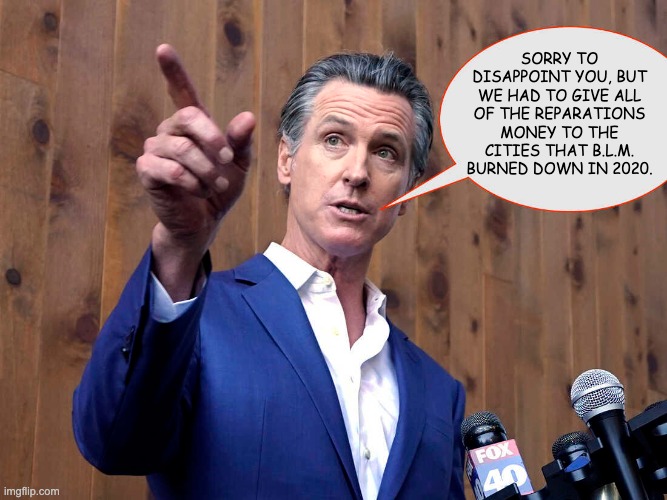 SORRY TO DISAPPOINT YOU, BUT WE HAD TO GIVE ALL OF THE REPARATIONS MONEY TO THE CITIES THAT B.L.M. BURNED DOWN IN 2020. | image tagged in reparations,are you crazy,newsom,black lives matter | made w/ Imgflip meme maker
