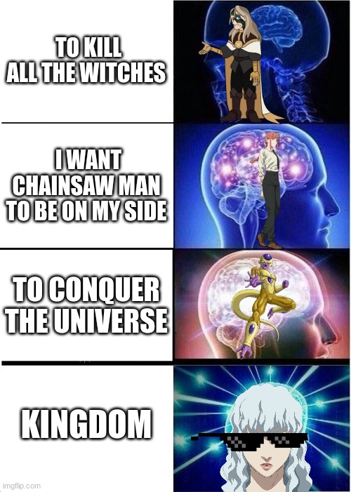 antagonist be like | TO KILL ALL THE WITCHES; I WANT CHAINSAW MAN TO BE ON MY SIDE; TO CONQUER THE UNIVERSE; KINGDOM | image tagged in memes,expanding brain | made w/ Imgflip meme maker
