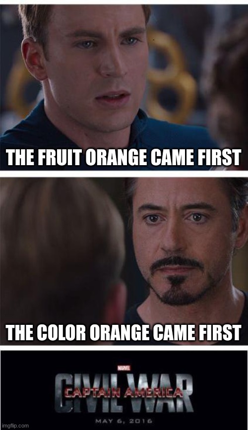 Don't know which came first | THE FRUIT ORANGE CAME FIRST; THE COLOR ORANGE CAME FIRST | image tagged in memes,marvel civil war 1,relatable,funny,shower thoughts | made w/ Imgflip meme maker