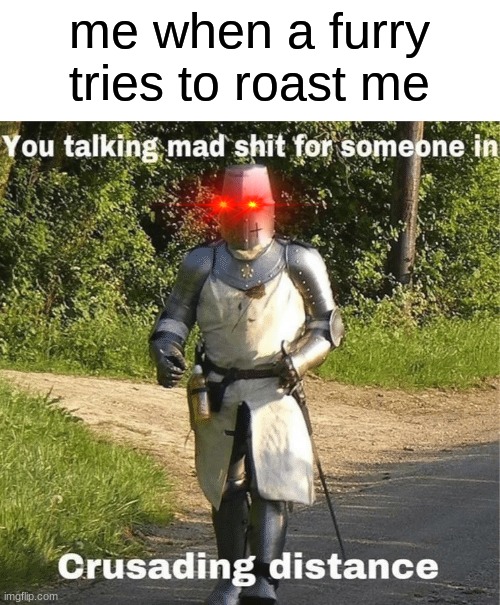who's joining me? | me when a furry tries to roast me | image tagged in you talking mad shit for someone in crusading distance | made w/ Imgflip meme maker