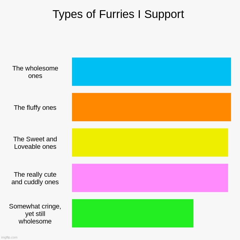 The types of furries I support | Types of Furries I Support | The wholesome ones, The fluffy ones, The Sweet and Loveable ones, The really cute and cuddly ones, Somewhat cri | image tagged in charts,bar charts,furries | made w/ Imgflip chart maker