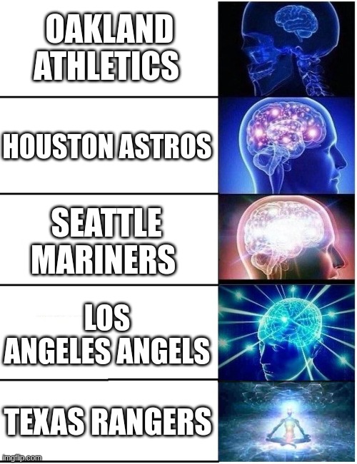 AL West in a nutshell | OAKLAND ATHLETICS; HOUSTON ASTROS; SEATTLE MARINERS; LOS ANGELES ANGELS; TEXAS RANGERS | image tagged in expanding brain 5 panel,houston astros,texas rangers,mlb | made w/ Imgflip meme maker