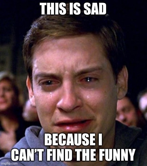 crying peter parker | THIS IS SAD BECAUSE I CAN’T FIND THE FUNNY | image tagged in crying peter parker | made w/ Imgflip meme maker