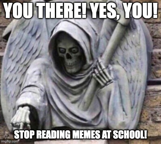Yeah that's right! | YOU THERE! YES, YOU! STOP READING MEMES AT SCHOOL! | image tagged in pointing death,school | made w/ Imgflip meme maker
