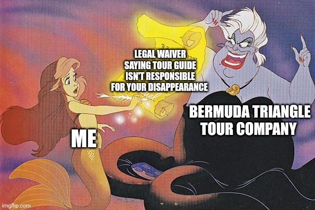 Nothing like a tour of the Bermuda triangle to allow you to let loose | LEGAL WAIVER SAYING TOUR GUIDE ISN'T RESPONSIBLE FOR YOUR DISAPPEARANCE; BERMUDA TRIANGLE TOUR COMPANY; ME | image tagged in never make a deal with the sea witch | made w/ Imgflip meme maker