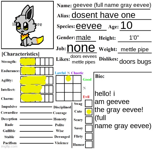 Character Chart by Liamsworlds | geevee (full name gray eevee); dosent have one; 10; eevee; male; 1'0"; none; mettle pipe; doors bugs; doors eevees mettle pipes; hello! i am geevee the gray eevee! (full name gray eevee) | image tagged in character chart by liamsworlds | made w/ Imgflip meme maker