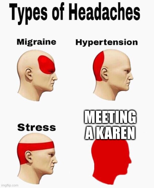 My friend wanted me to make this. KYSD: and who's your friend | MEETING A KAREN | image tagged in headaches | made w/ Imgflip meme maker