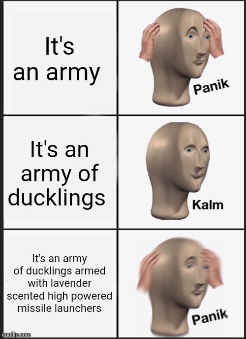 Lavender scented what?!?!? | It's an army; It's an army of ducklings; It's an army of ducklings armed with lavender scented high powered missile launchers | image tagged in memes,panik kalm panik | made w/ Imgflip meme maker